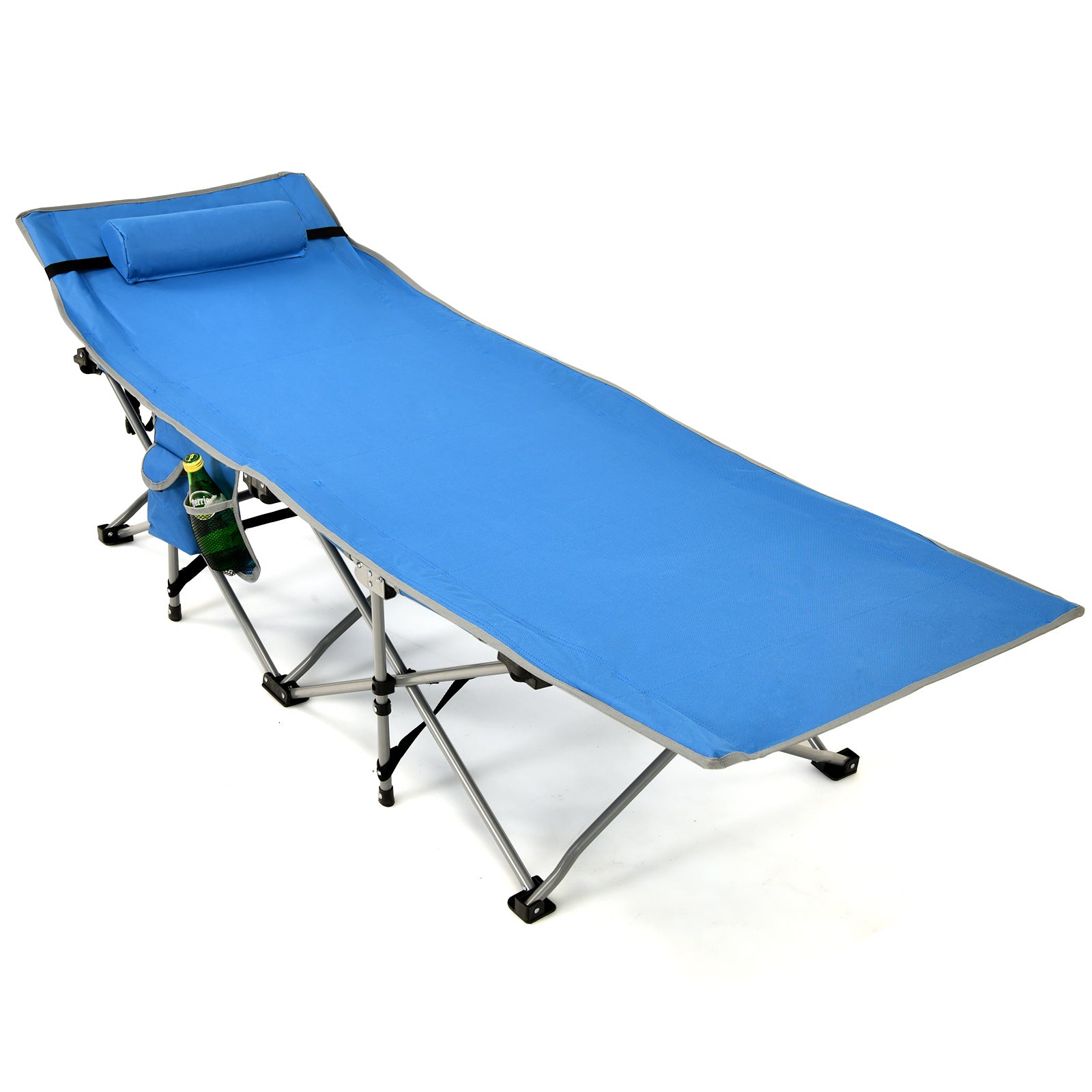Folding Camping Cot with Detachable Headrest and Side Pocket Blue
