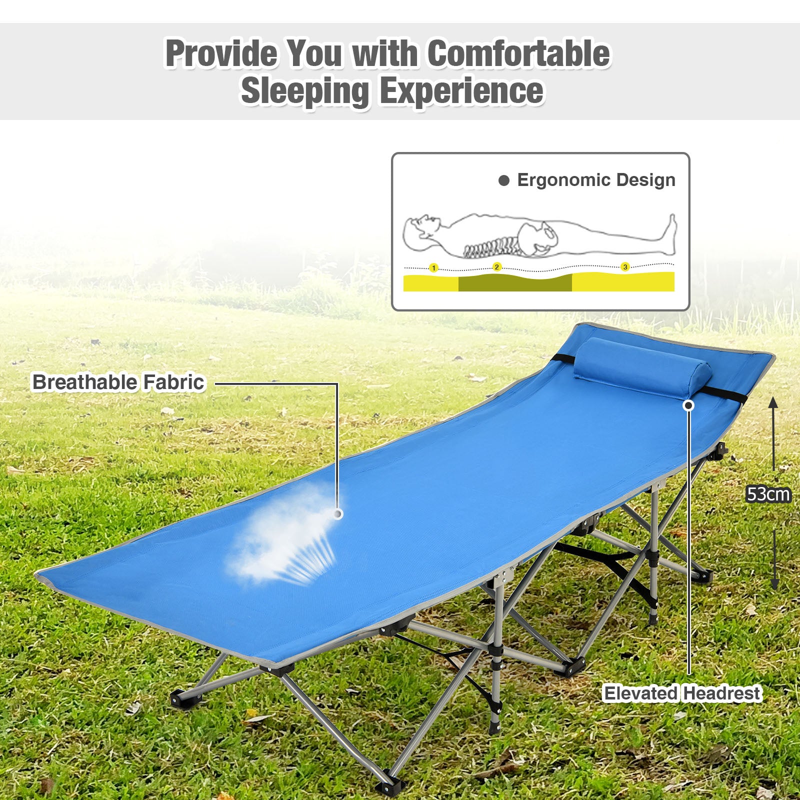 Folding Camping Cot with Detachable Headrest and Side Pocket-Blue