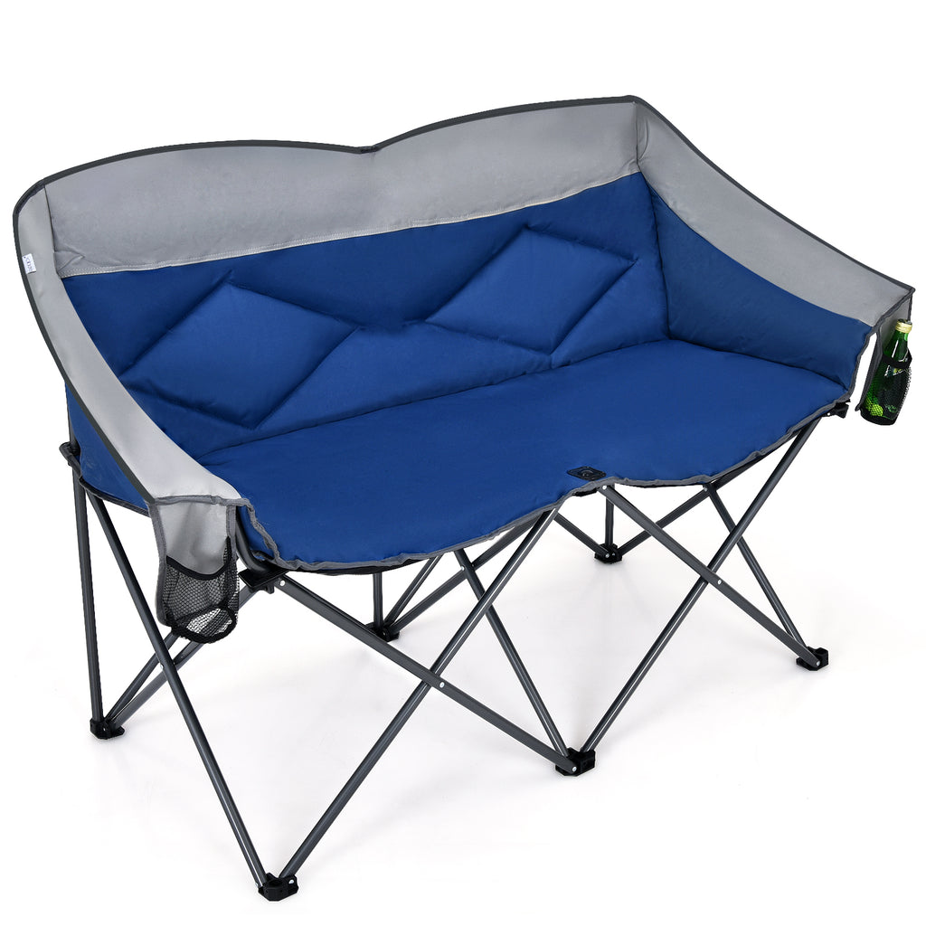 Double Folding Camping Chair with Padded Seat and Storage Pockets Blue