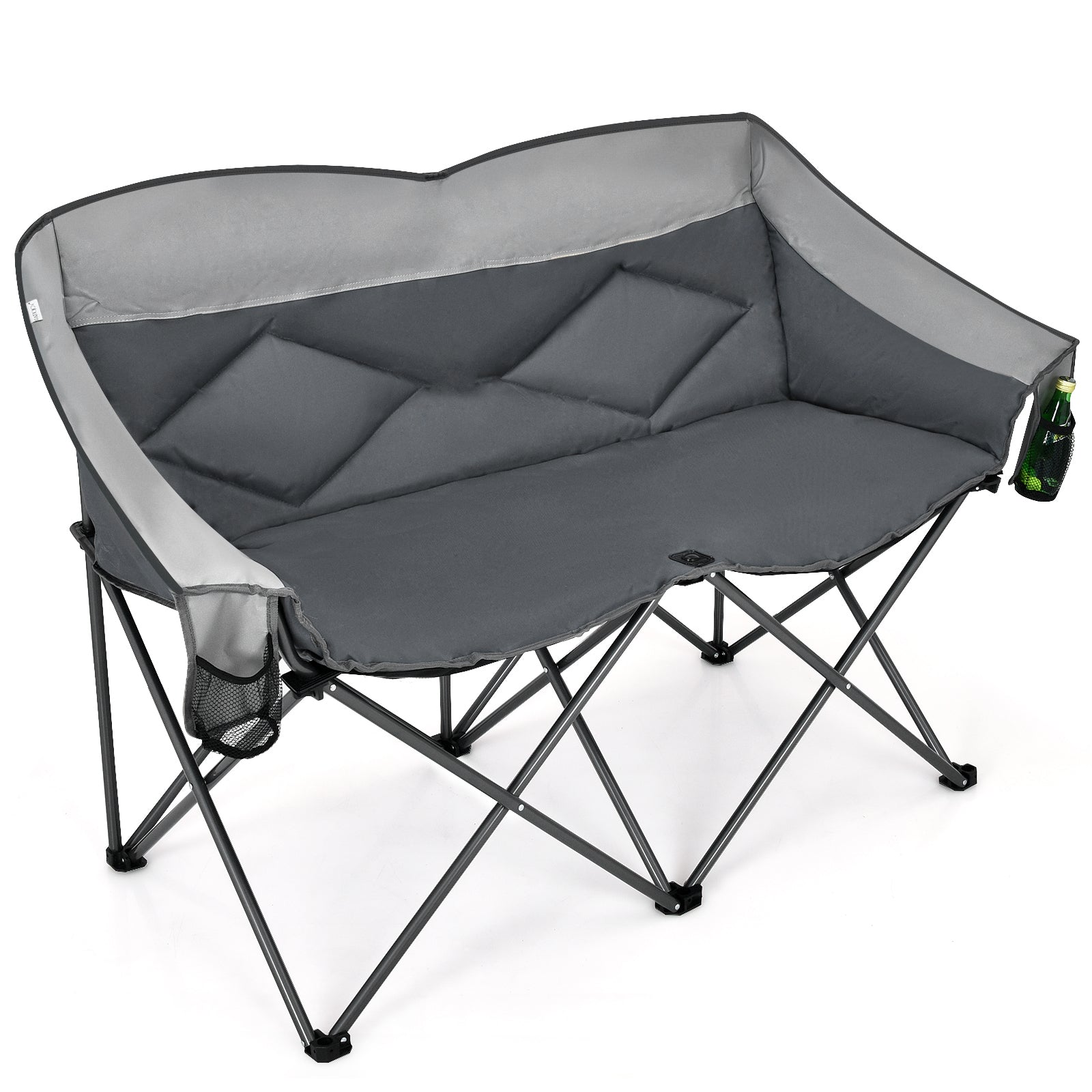 Double Folding Camping Chair with Padded Seat and Storage Pockets Grey