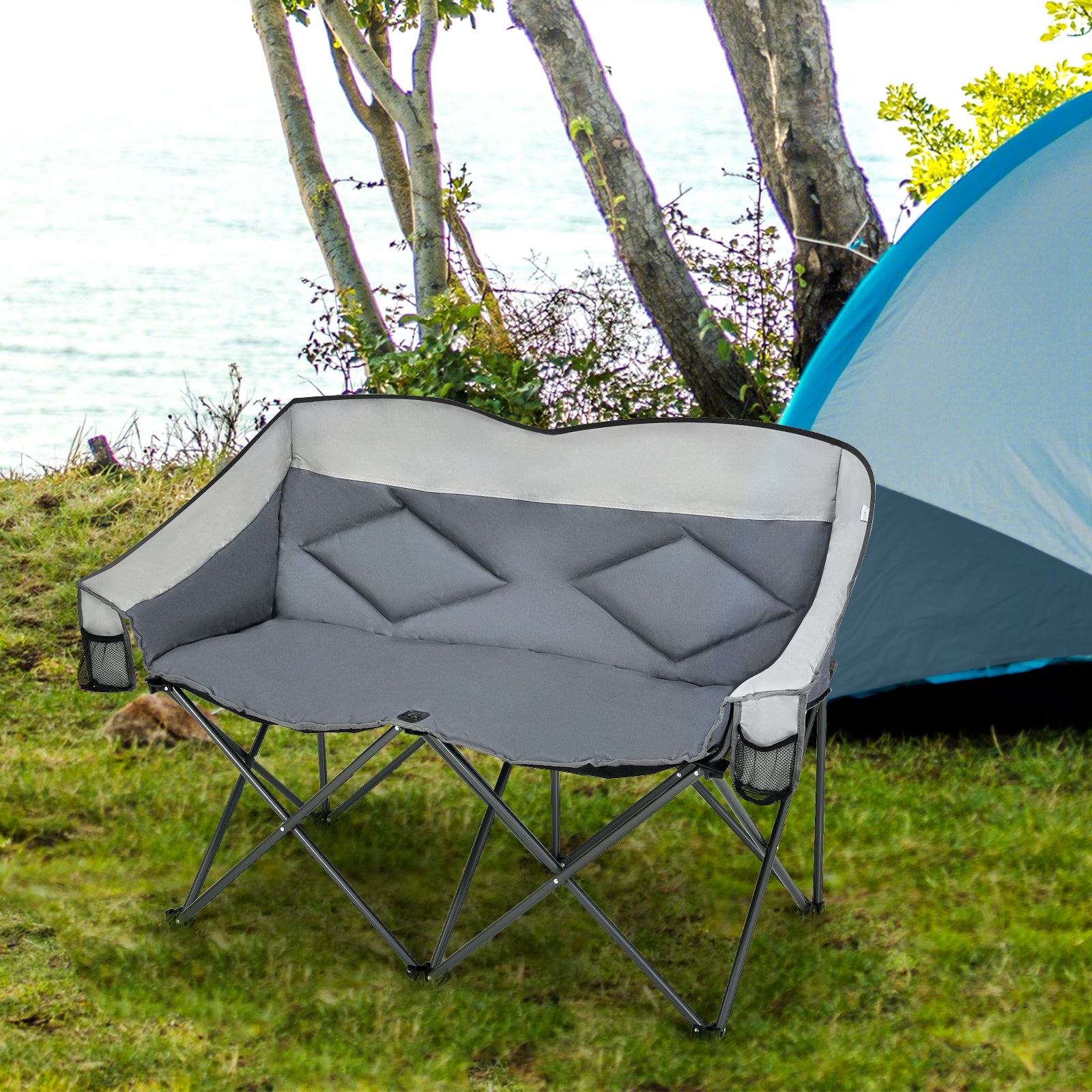 Double Folding Camping Chair with Padded Seat and Storage Pockets-Grey