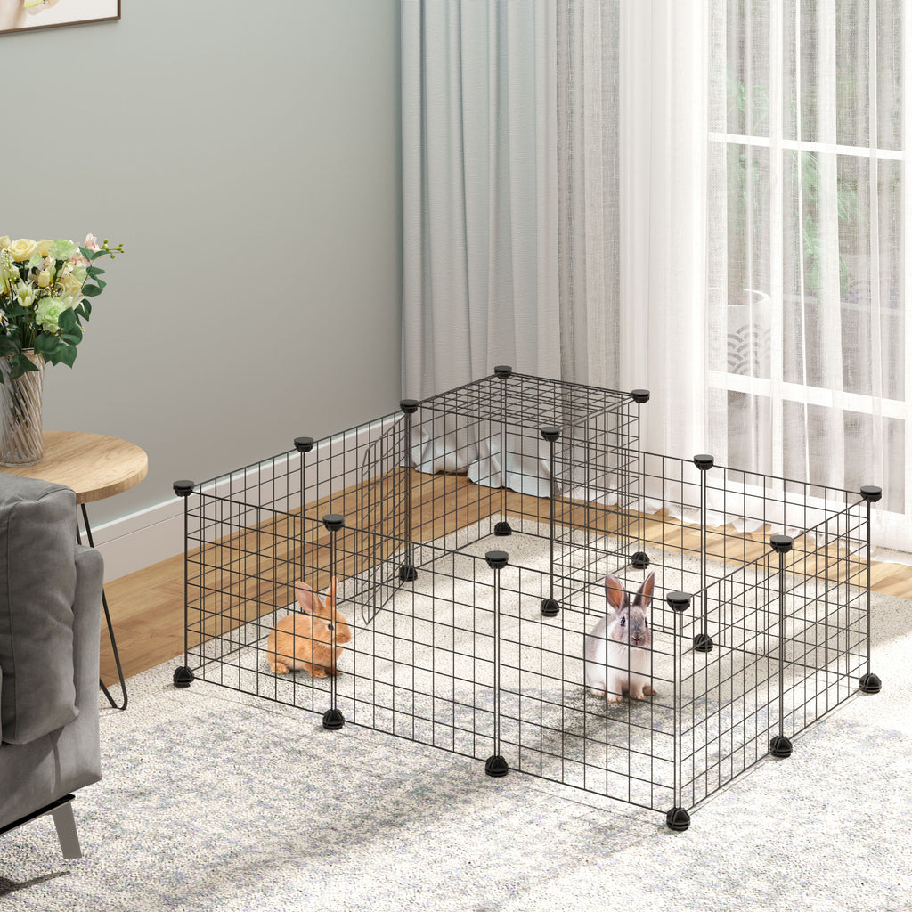 PawHut Pet Playpen w/ Door Customisable Fence for Guinea Pigs Hamsters Chinchillas Hedgehogs - Black - Inspirely