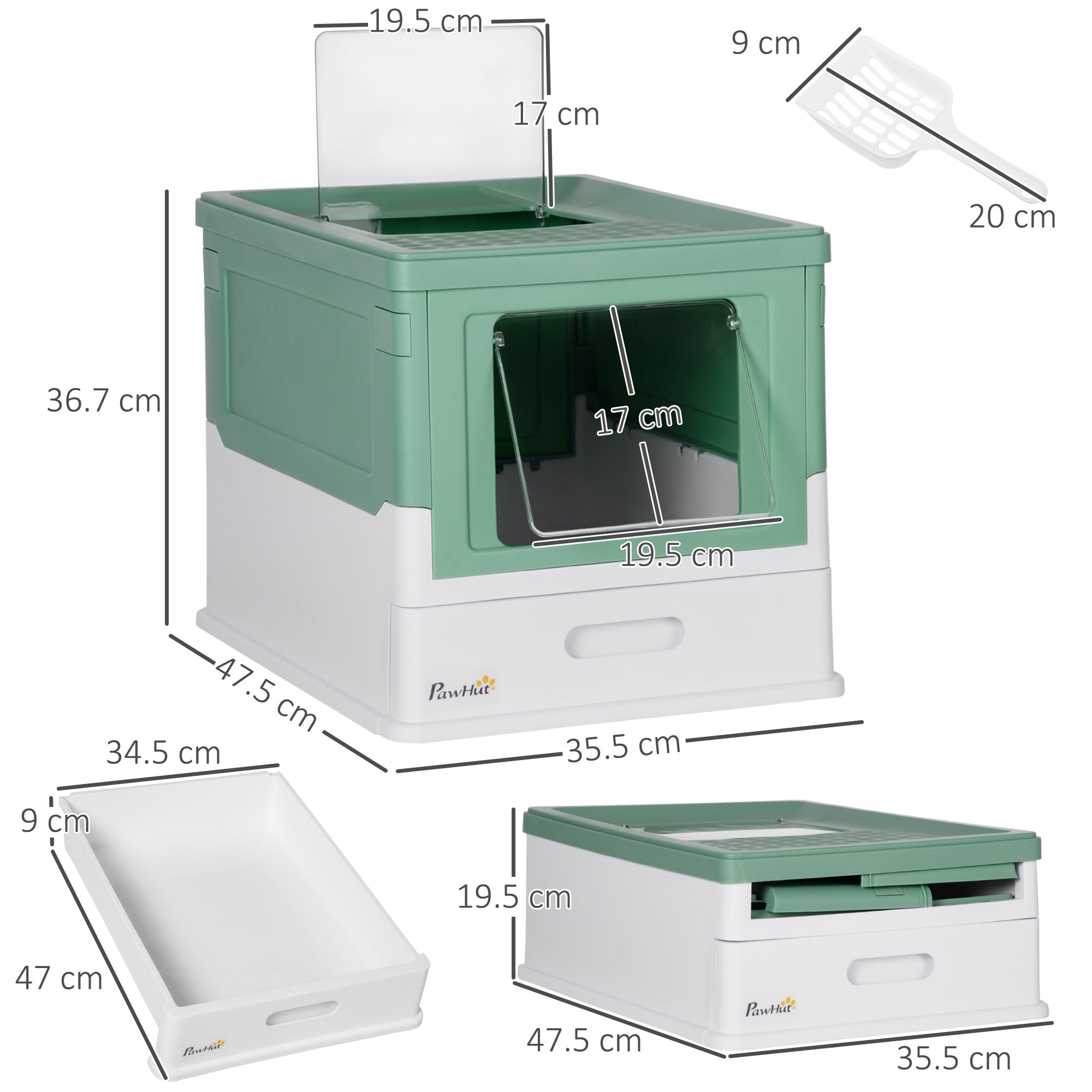 PawHut Hooded Cat Litter Box Scoop Included, Litter Tray with Front Entry Top Exit, Portable Pet Toilet with Large Space, 47.5 x 35.5 x 36.7 cm Green