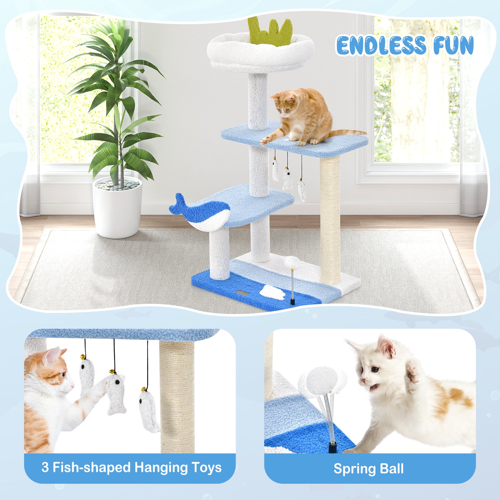 Ocean-themed Cat Tree with Scratching Posts and Hanging Toys-Blue
