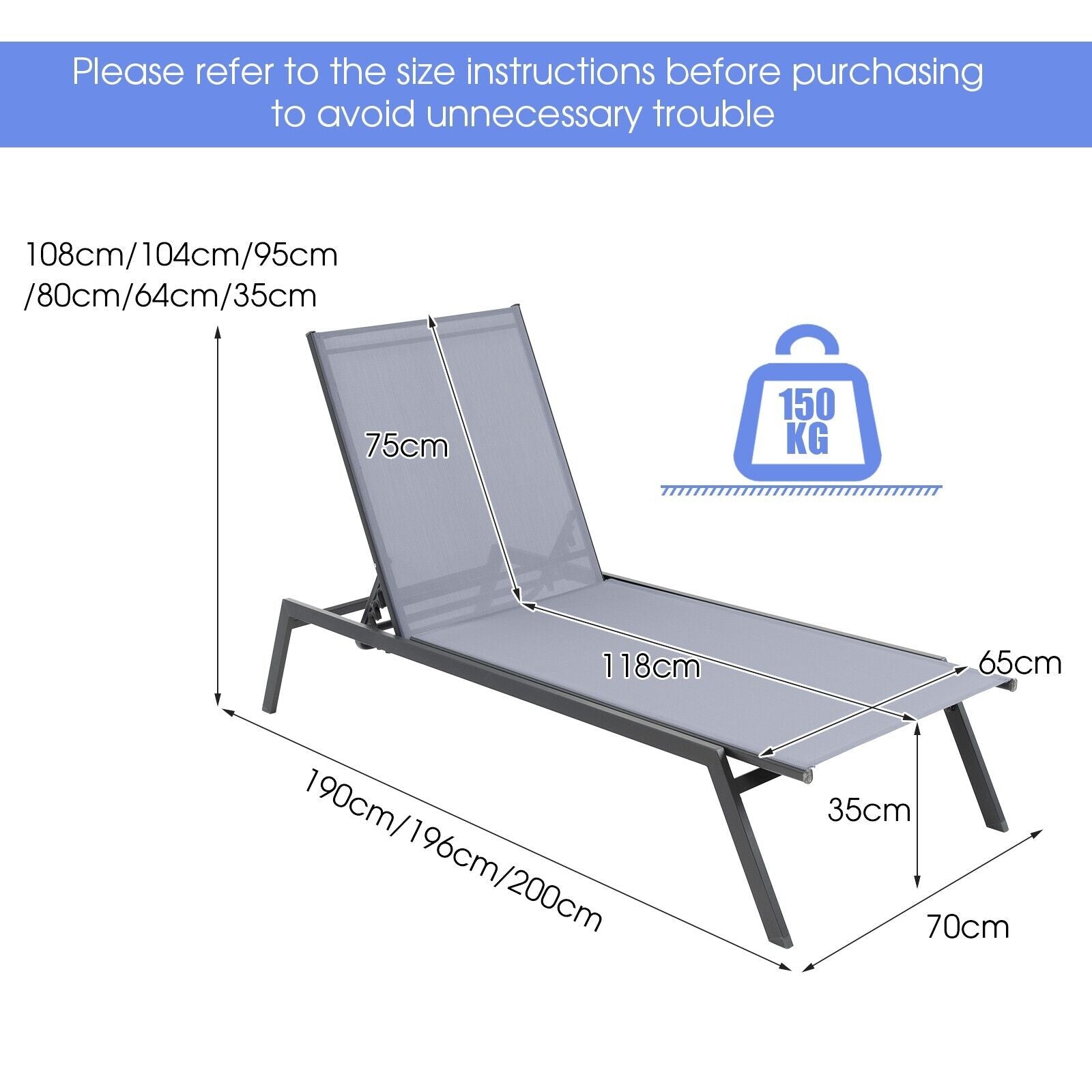 Outdoor Adjustable 6-Position Lounge Chair with Quick-Drying Fabric