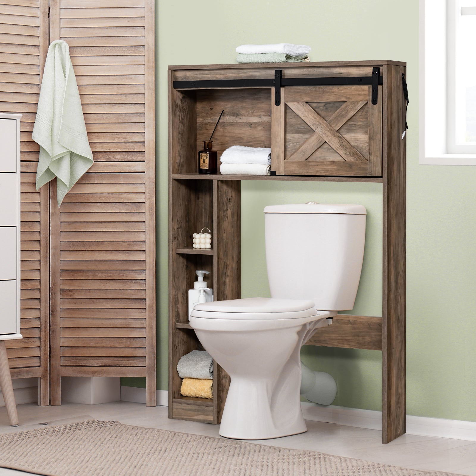 Over The Toilet Storage Cabinet with Sliding Barn Door-Brown