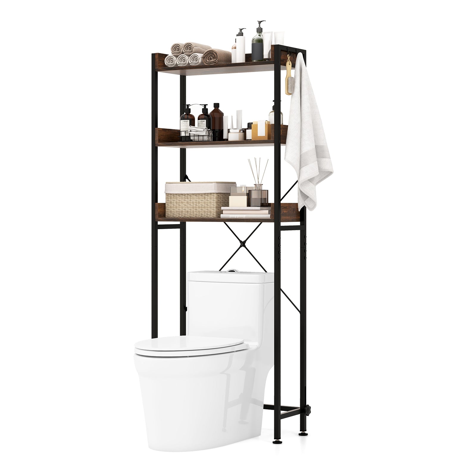 3-Tier Over The Toilet Storage Rack with 4 Hooks and Adjustable Bottom Bar-Rustic Brown