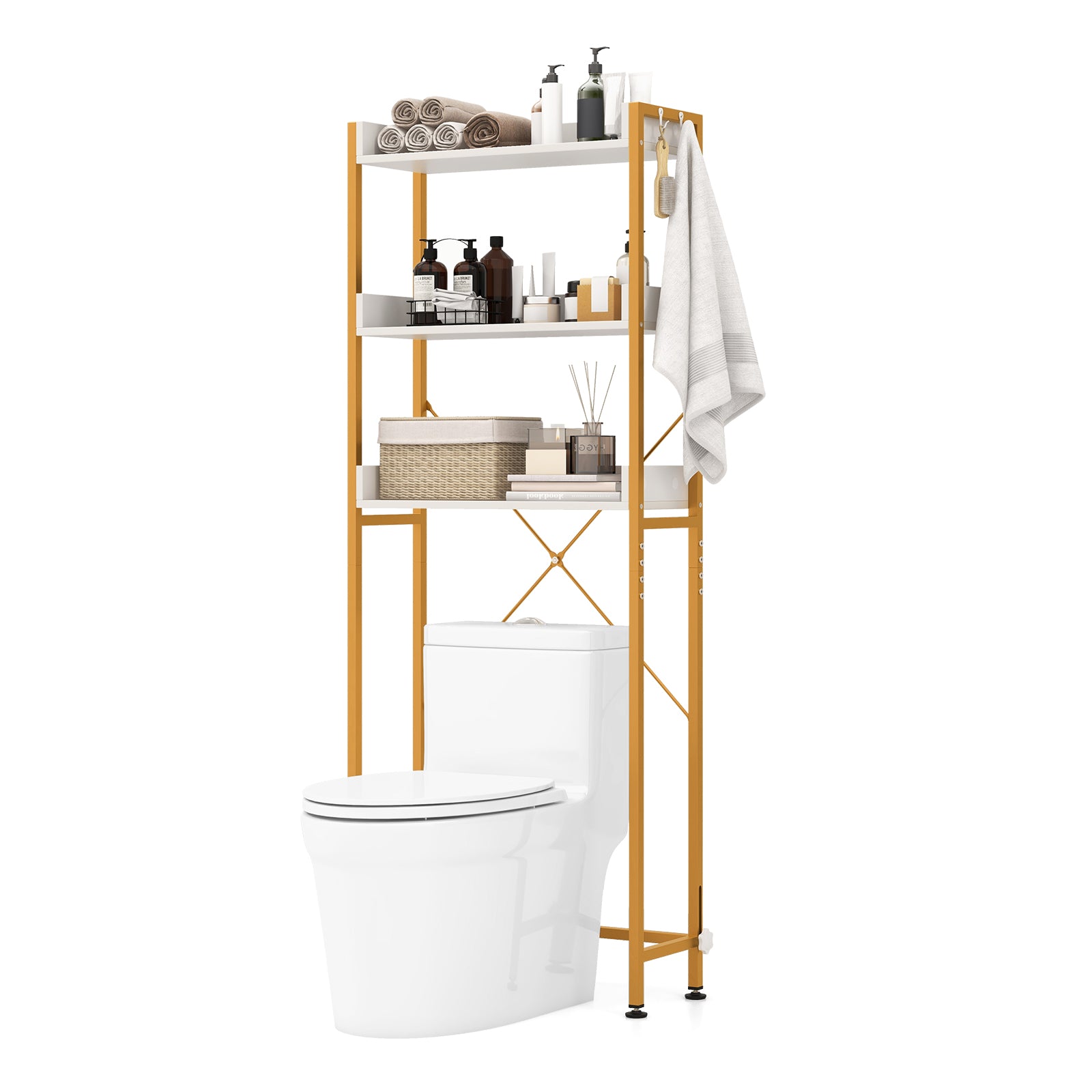 3-Tier Over The Toilet Storage Rack with 4 Hooks and Adjustable Bottom Bar-White