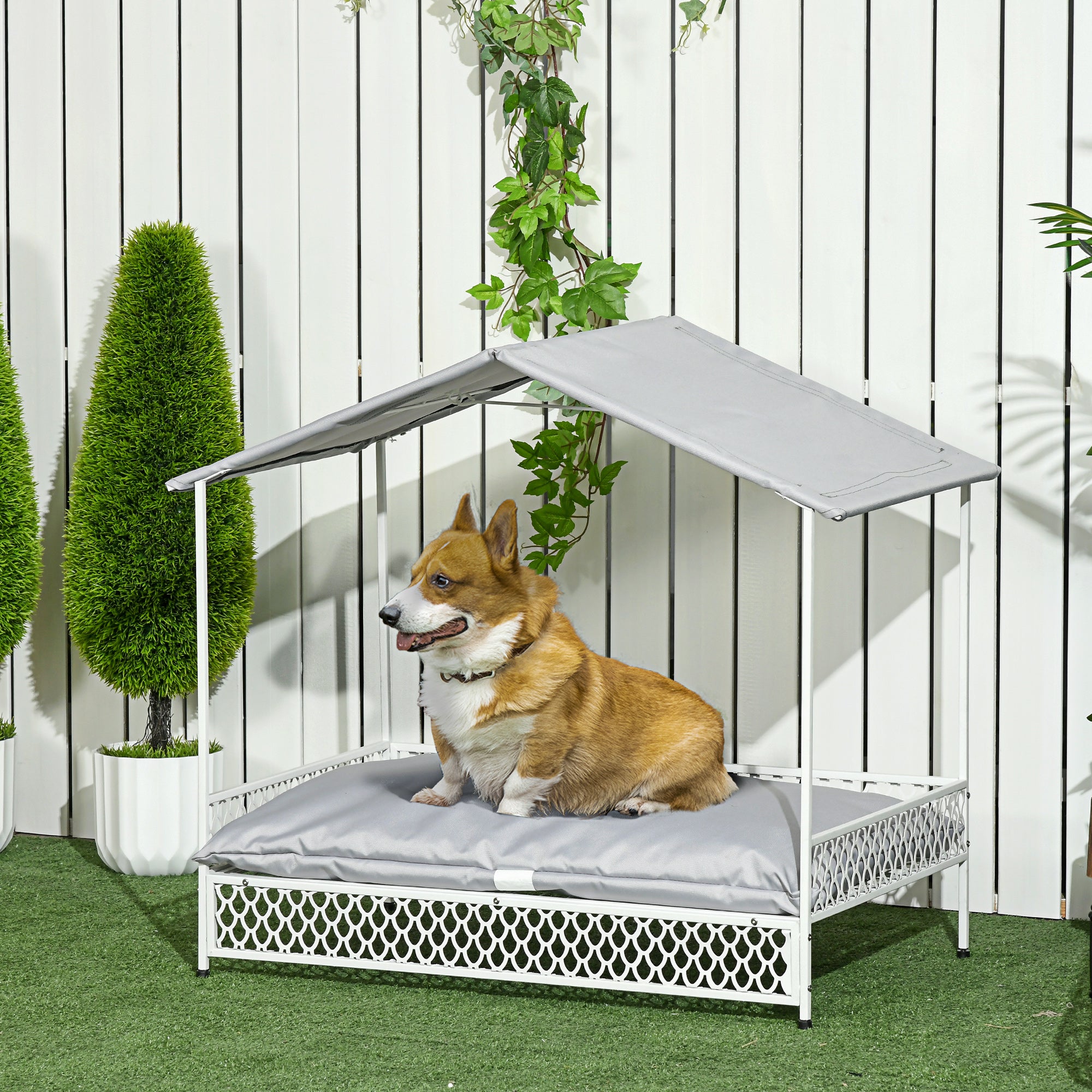 PawHut Dog Bed with Water-Resistant Sun Canopy, Elevated Dog Bed with Soft Cushion, for Indoors, Outdoors, Small, Medium Dogs