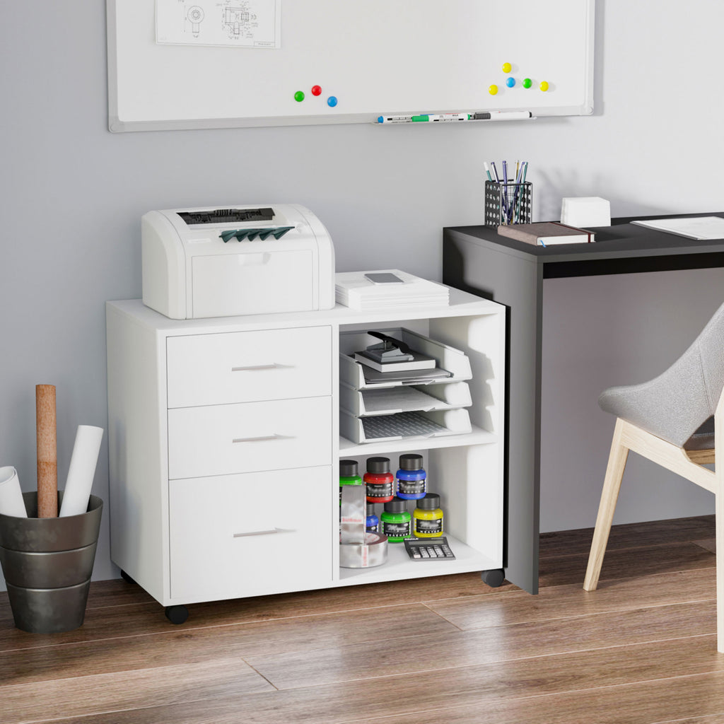 HOMCOM Freestanding Printer Stand Unit Office Desk Side Mobile Storage w/ Wheels 3 Drawers, 2 Open Shelves Modern Style 80L x 40W x 65H cm - White - Inspirely