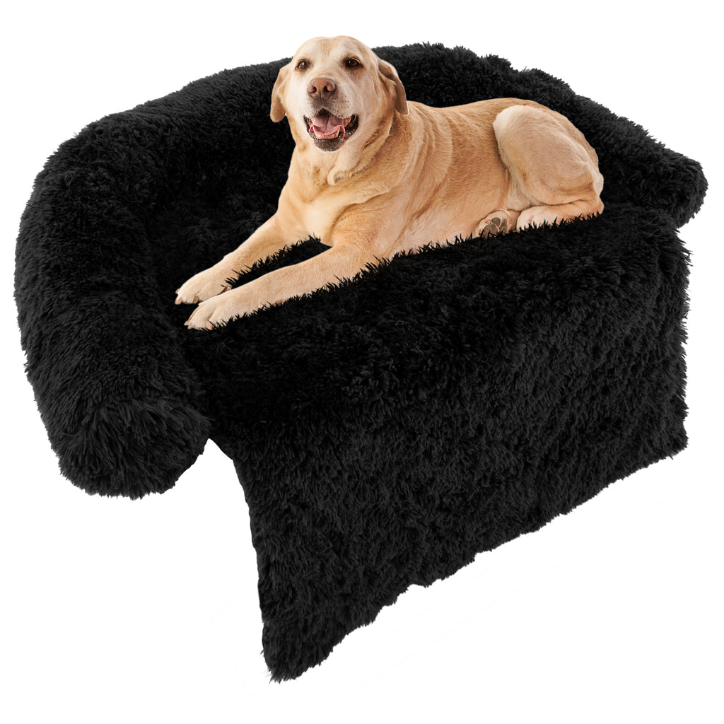 Fluffy Dog Mat Couch Cover Protector with Detachable Washable Cover and Anti-slip Bottom-Black-L
