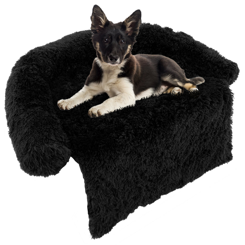 Fluffy Dog Mat Couch Cover Protector with Detachable Washable Cover and Anti-slip Bottom-Black-M