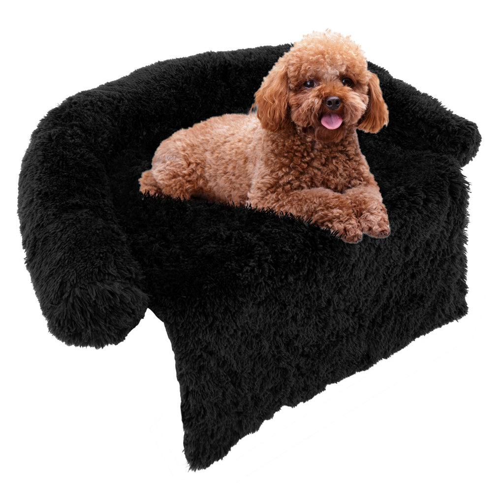 Fluffy Dog Mat Couch Cover Protector with Detachable Washable Cover and Anti-slip Bottom-Black-S