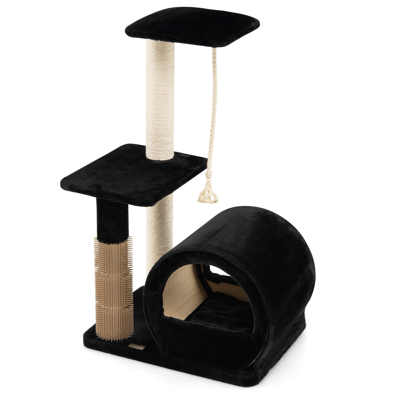 Multi level Kitty Condo Climbing Tower with Groom Brush and Sisal Rope Black