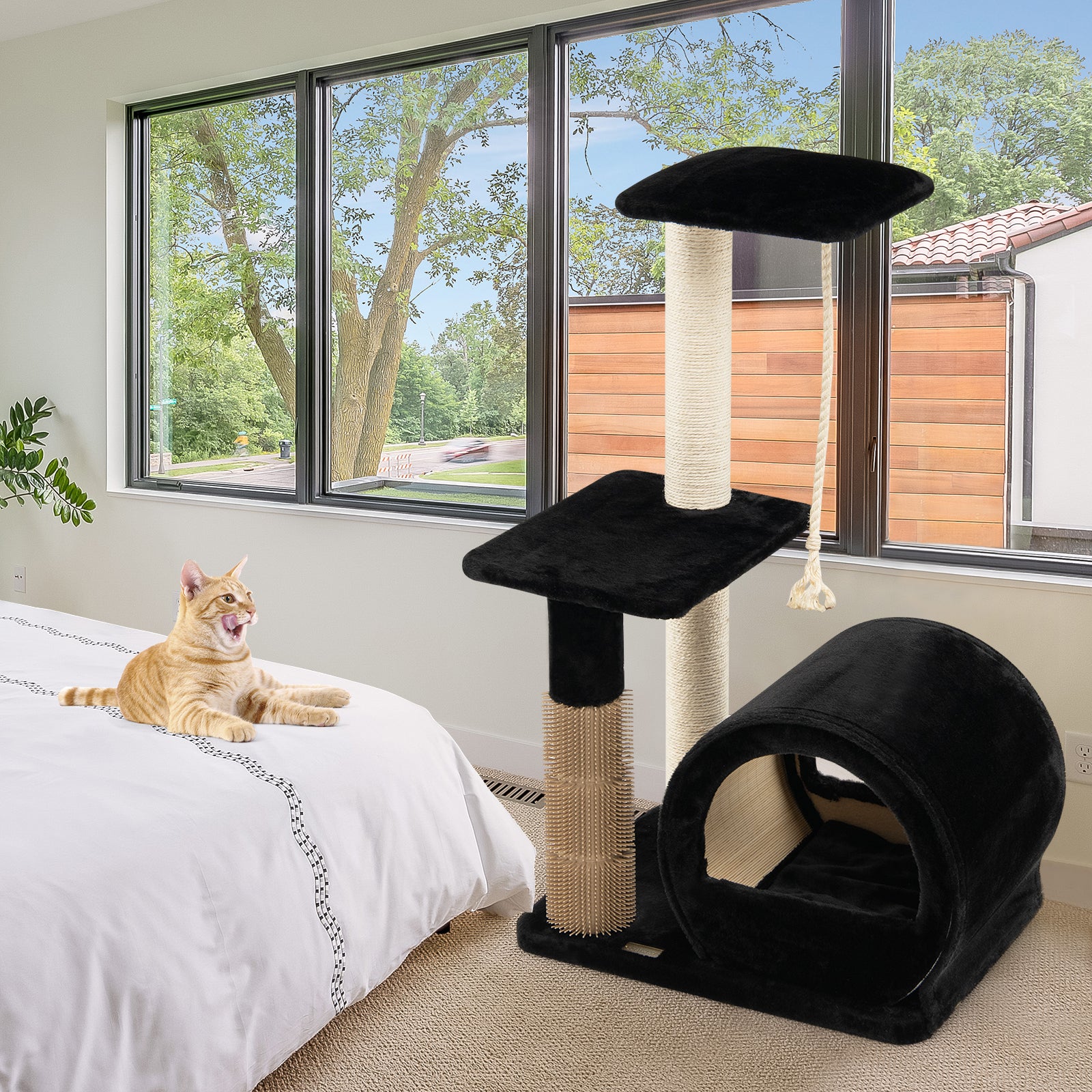 Multi-level Kitty Condo Climbing Tower with Groom Brush and Sisal Rope-Black