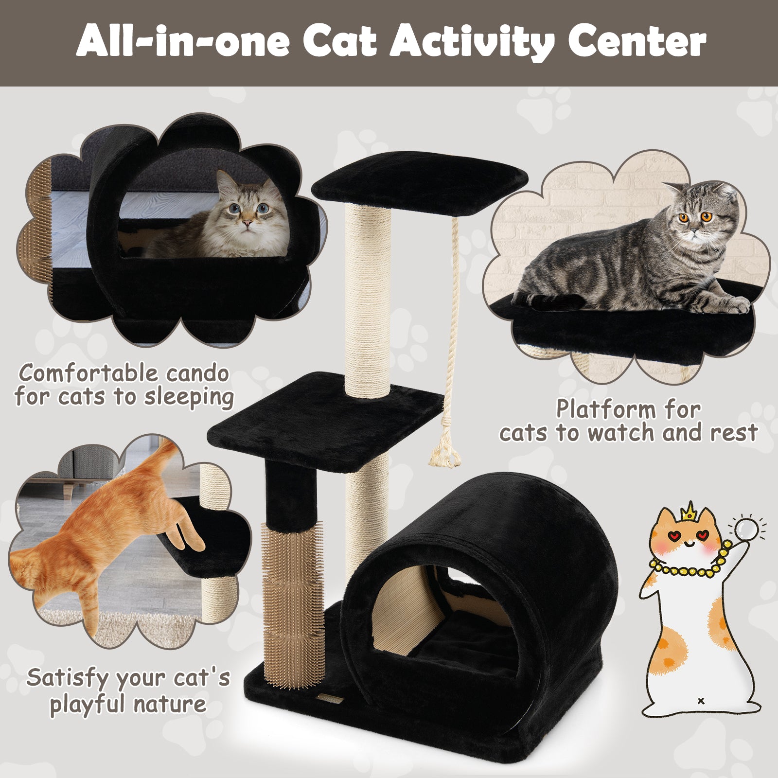 Multi-level Kitty Condo Climbing Tower with Groom Brush and Sisal Rope-Black