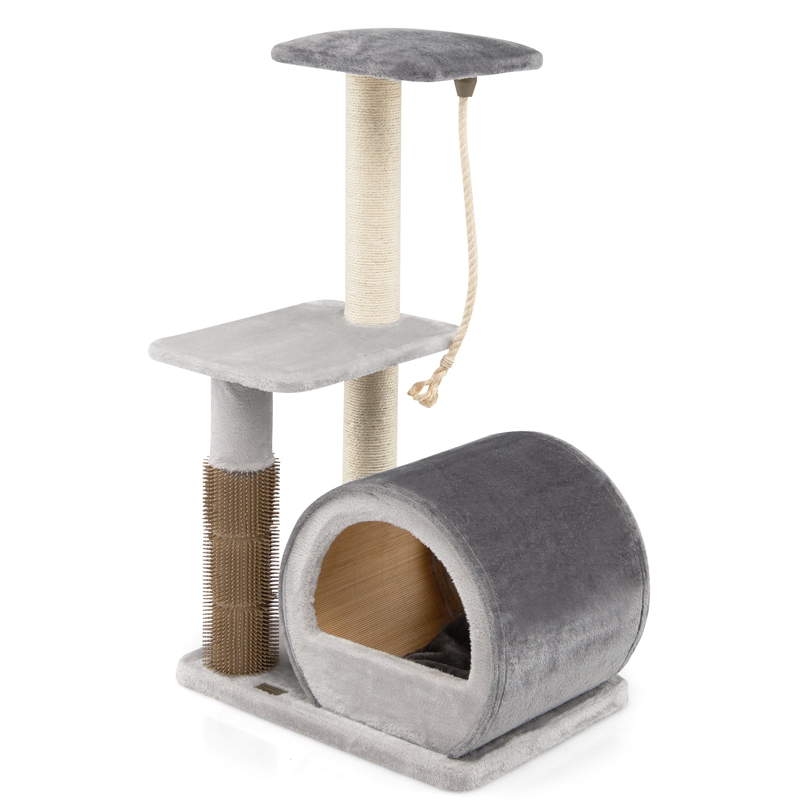 Multi level Kitty Condo Climbing Tower with Groom Brush and Sisal Rope Grey