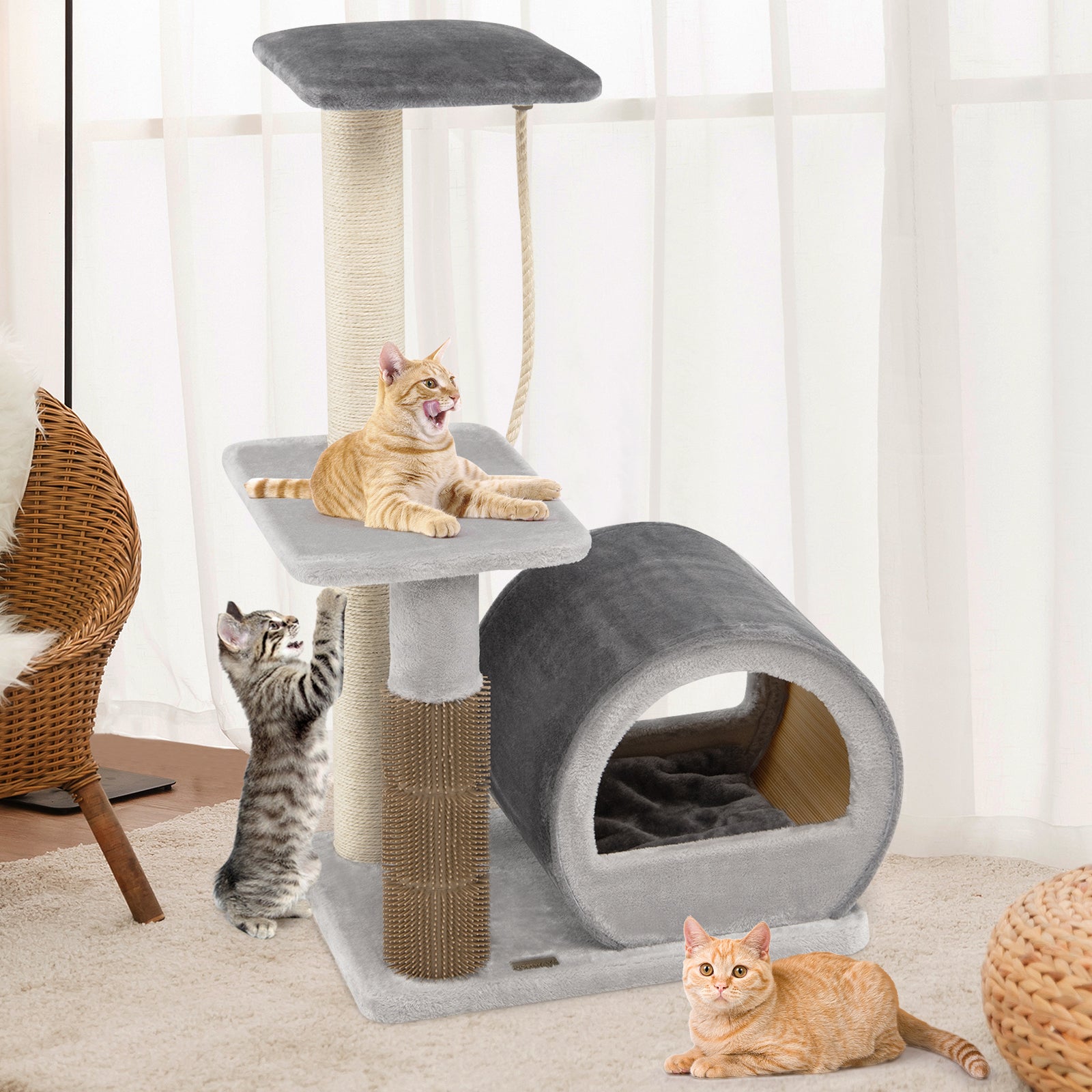 Multi-level Kitty Condo Climbing Tower with Groom Brush and Sisal Rope-Grey