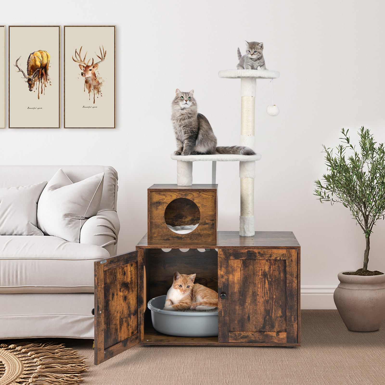 Cat Litter Box Enclosure with Cat Tree and Kitty Condo - Rustic Brown