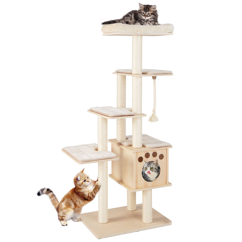 170cm Tall Cat Tree with Scratching Posts Perch Condo and Cushion-Natural