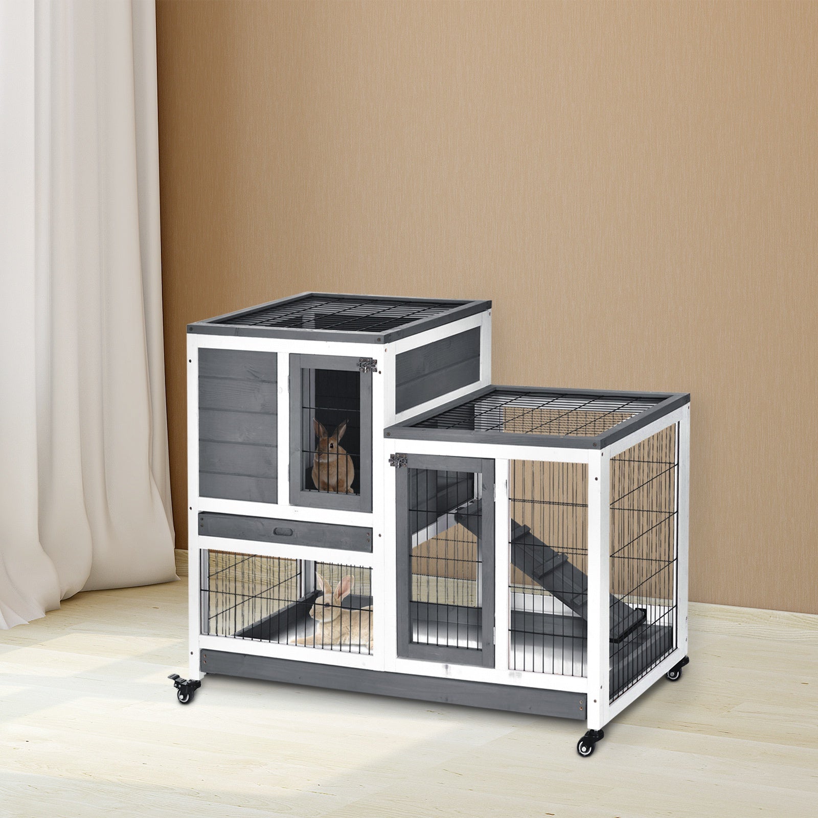 Elevated Wooden Indoor Guinea Pig Rabbit Hutch Enclosed Run