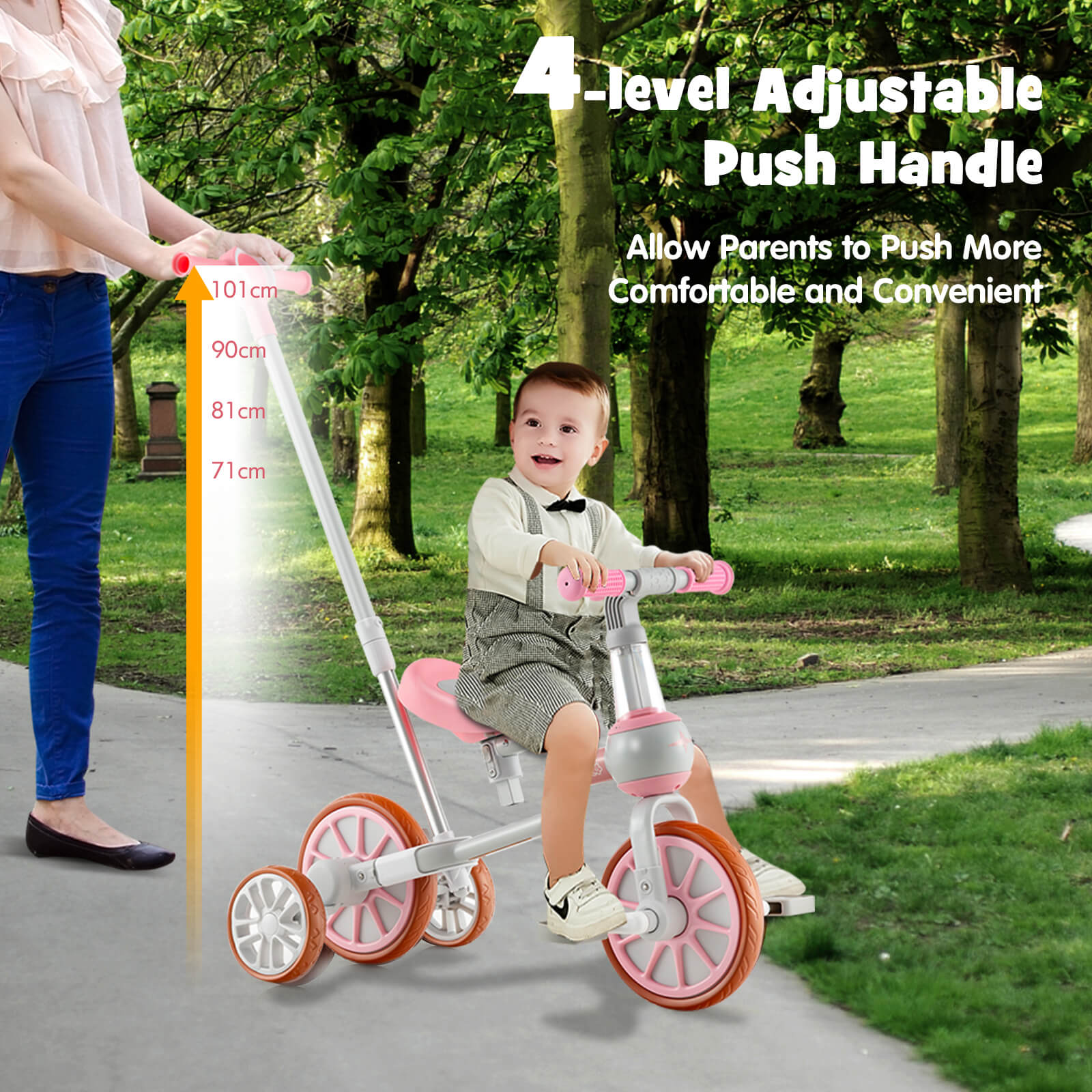 4-in-1 Multifunctional Kids Training Balance Trike wih Adjustable Push Handle-Pink