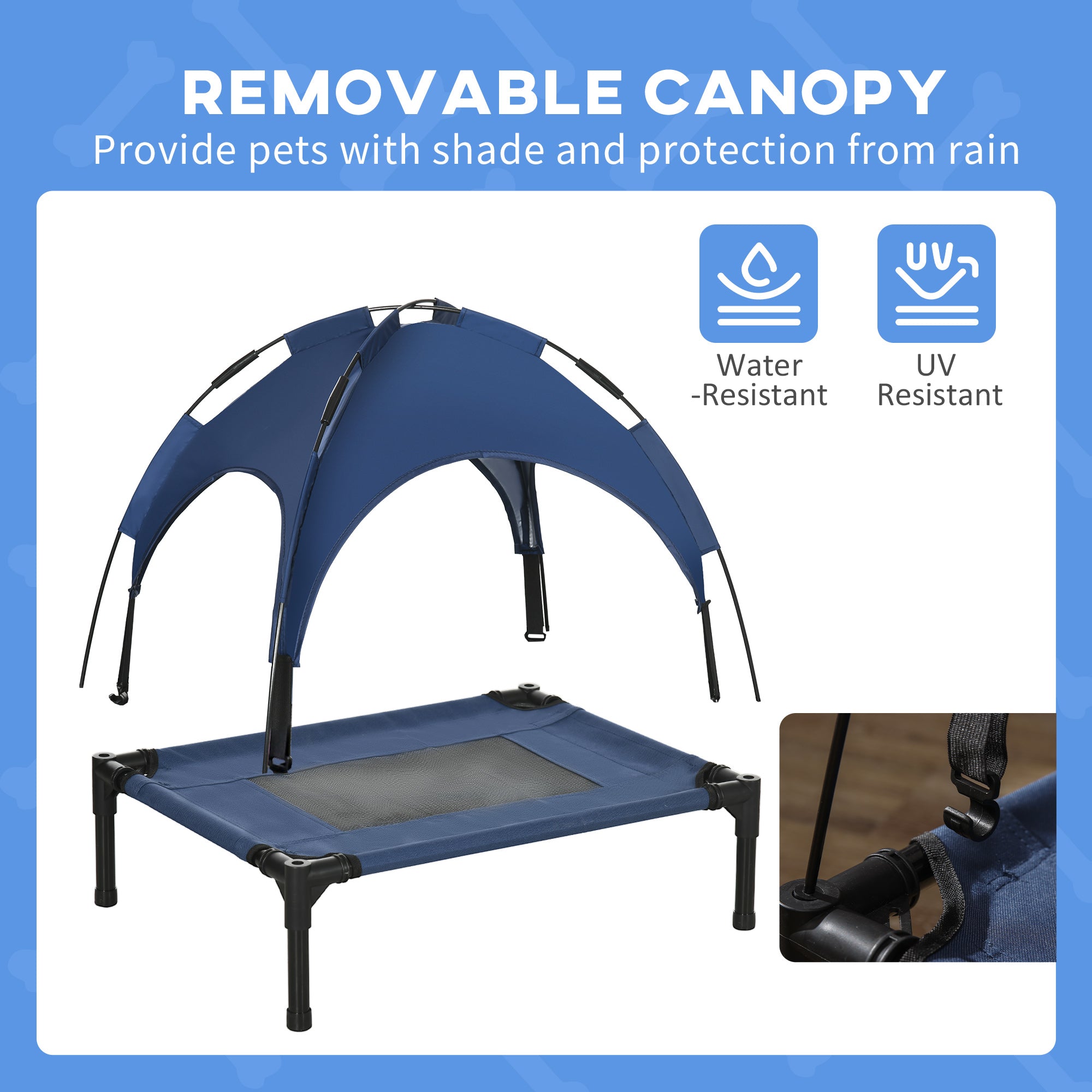 PawHut Raised Dog Bed Waterproof Elevated Pet Cot with Breathable Mesh UV Protection Canopy Blue, for Small Dogs, 61 x 46 x 62cm