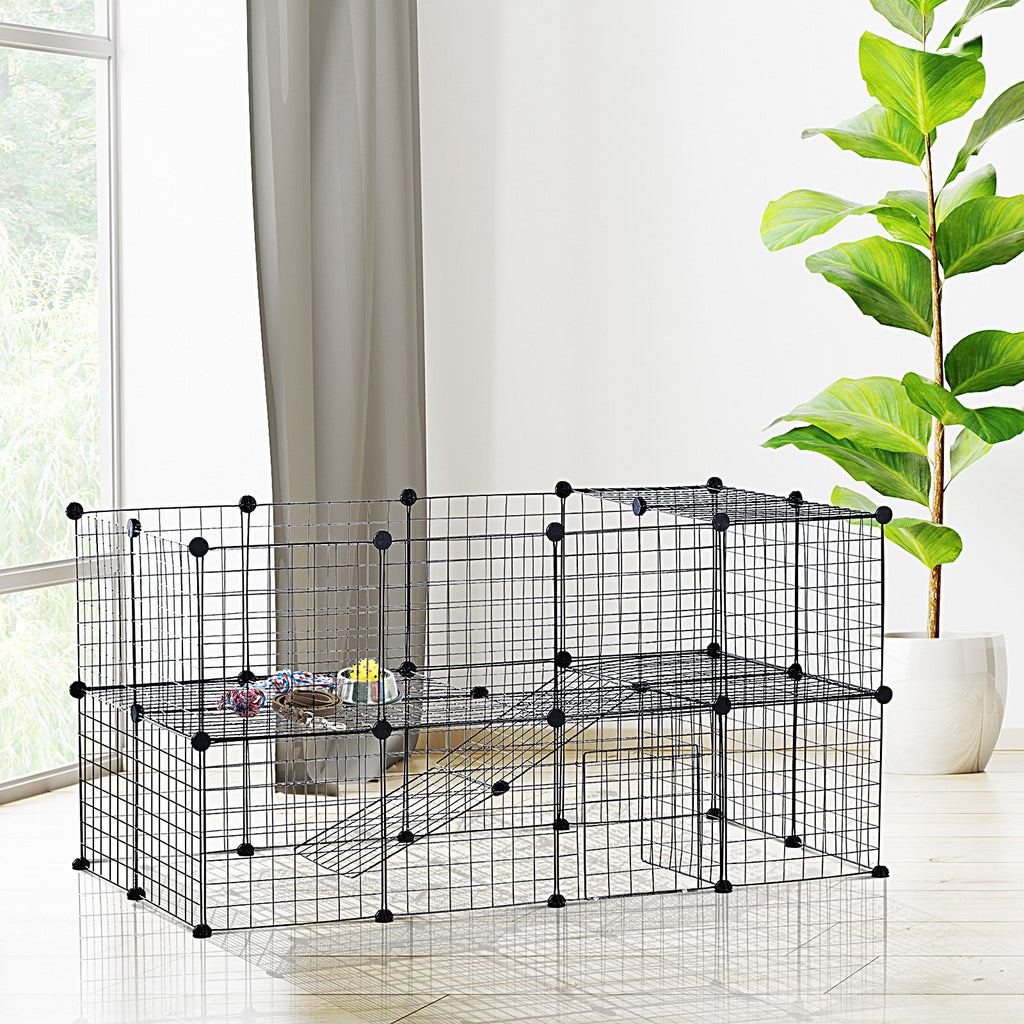 Pawhut Guinea Pig Playpen Rabbit Playpen Metal Wire Fence Indoor Outdoor Small Animal Cage 36 Panel Enclosure Black - Inspirely