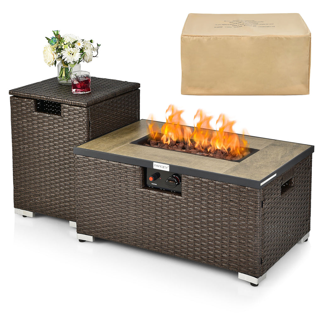 40,000 BTU Propane Rattan Fire Pit Table Set with Side Table Tank and Cover -Brown