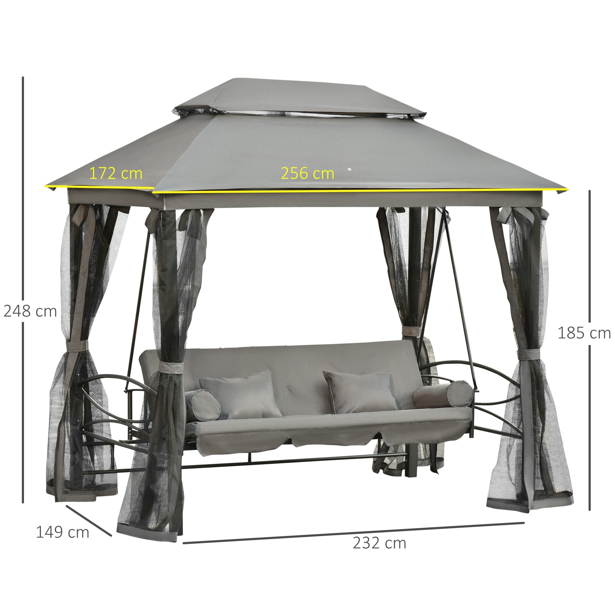 Outsunny 3 Seater Swing Chair Hammock Gazebo Patio Bench Outdoor with Double Tier Canopy, Cushioned Seat, Mesh Sidewalls, Grey - Inspirely