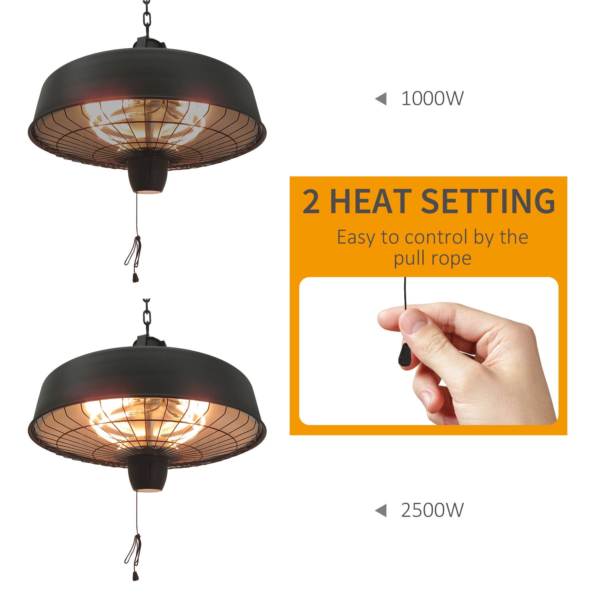 Outsunny Adjustable Power 1000/2500W Infrared Halogen Electric Light Heater, Ceiling Hanging Mount -Black - Inspirely
