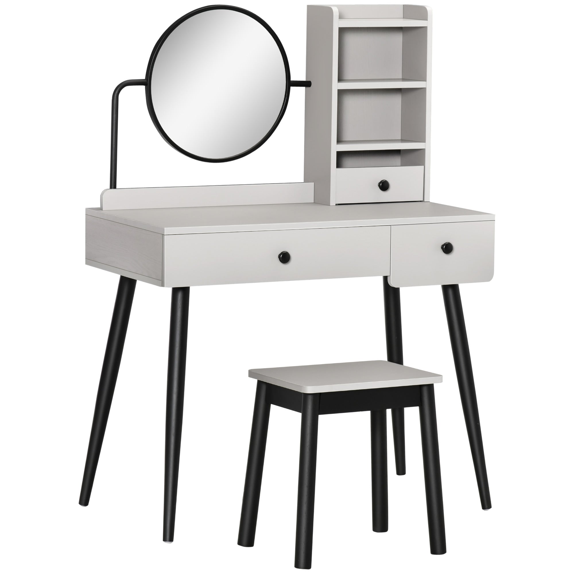 HOMCOM Dressing Table Set with Mirror and Stool, Vanity Makeup Table with 3 Drawers and Open Shelves for Bedroom, Living Room, Grey - Inspirely