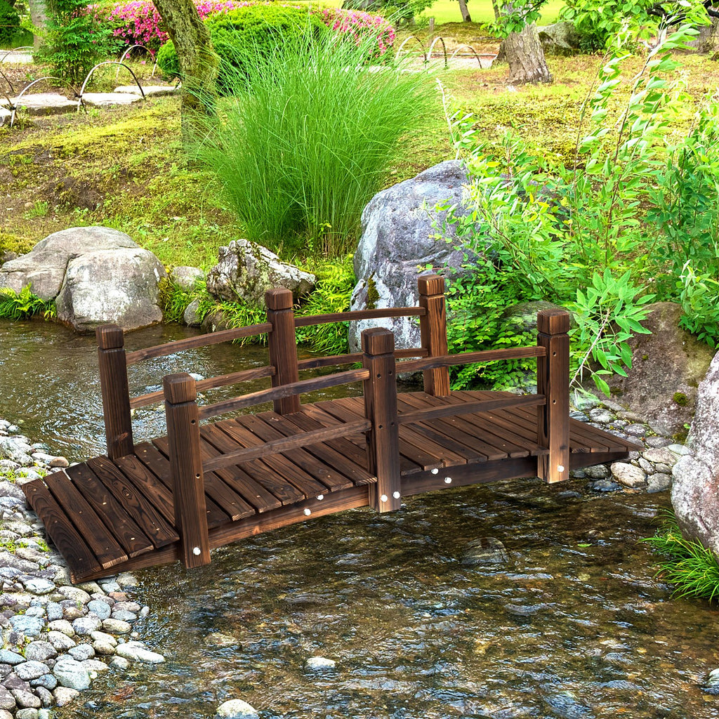 Outsunny Wooden Garden Bridge Lawn Décor Stained Finish Arc Outdoor Pond Walkway w/ Railings - Inspirely