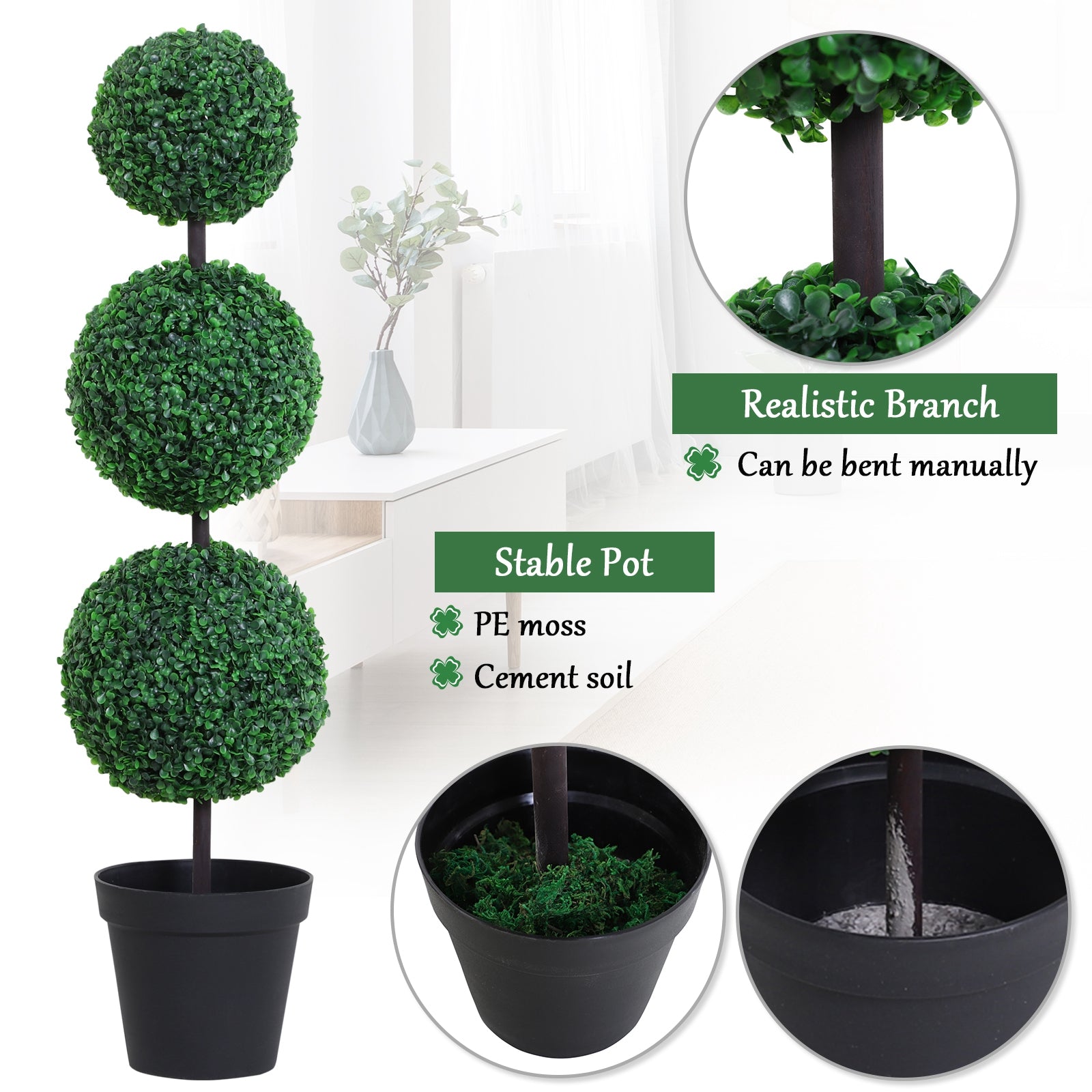 Outsunny Set of 2 Artificial Boxwood Ball Topiary Trees Potted Decorative Plant Outdoor and Indoor Décor (112cm) - Inspirely