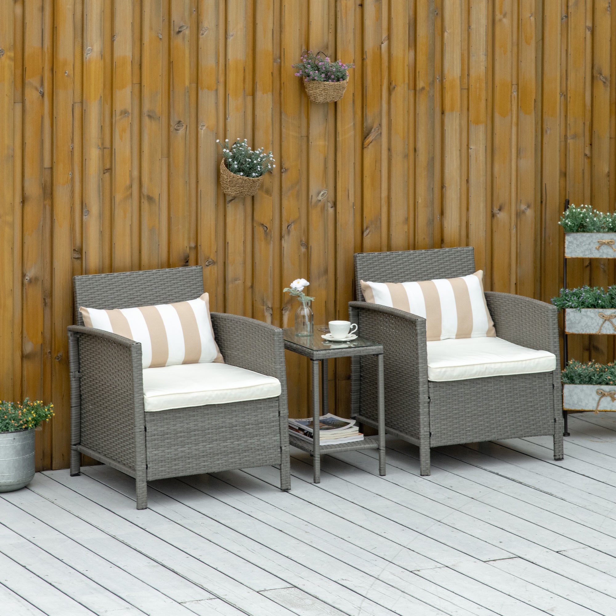 Outsunny Rattan Garden Furniture 3 Pieces Patio Bistro Set Wicker Weave Conservatory Sofa Chair & Table Set with Cushion Pillow - Light Grey - Inspirely