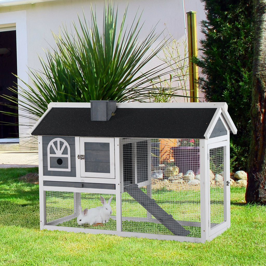 Guinea Pig Hutch Wood Bunny Cage, Tray Run Box Ramp, Grey - Inspirely