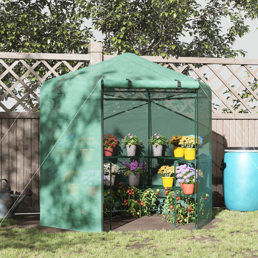 Outsunny  Hexagon Walk In Garden Greenhouse PE Planter Flower Growth with Zipped Door 225 x 194 x 215H cm - Inspirely