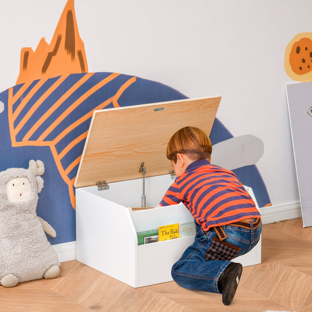 HOMCOM Wooden Kids Children Toy Box Storage Chest Organizer Book Slot Safety Hinge Playroom Furniture White - Inspirely