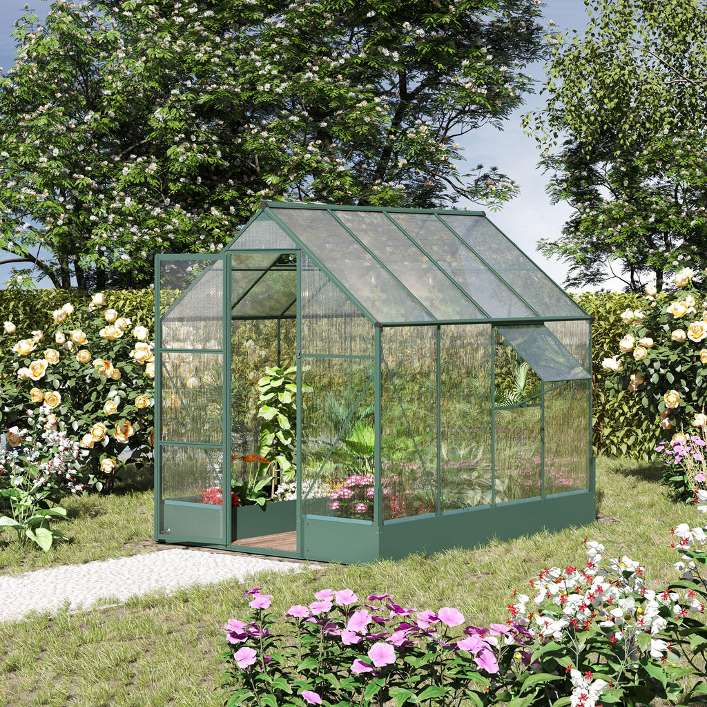 Outsunny Garden Walk-in Aluminium Greenhouse Polycarbonate with Plant Bed ,Temperature Controlled Window, Foundation, 6 x 8ft - Inspirely