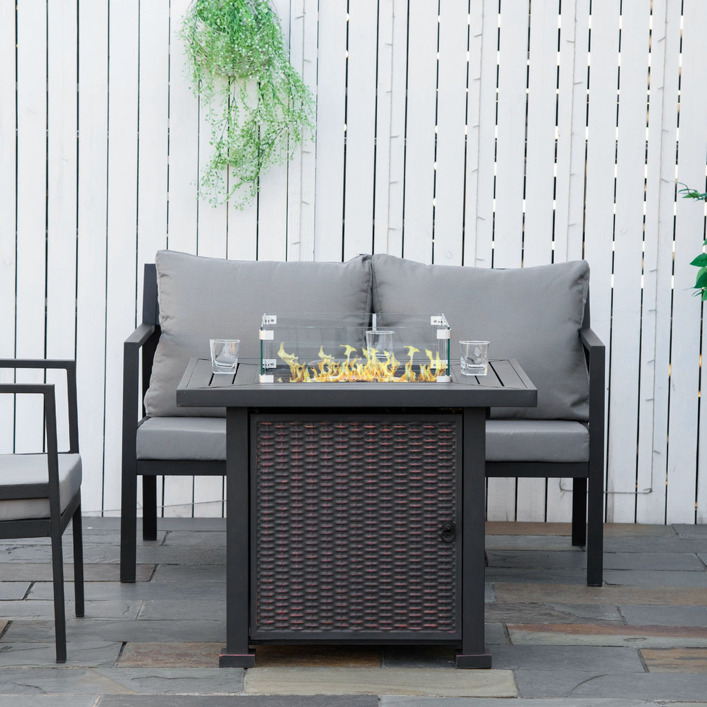 Outsunny Square Propane Gas Fire Pit Table, 50000 BTU Rattan Smokeless Firepit Patio Heater w/ Glass Screen, Beads and Lid, 82cm x 82cm x 66cm, Black - Inspirely