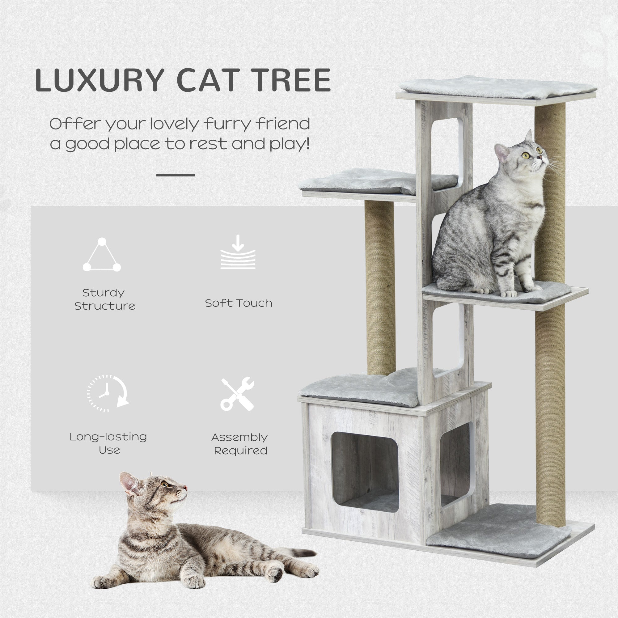 PawHut 114cm Cat Tree for Indoor Large Cats Condo Jute Scratching Post Cat Tower Kitten Play House Activity Center Furniture Grey