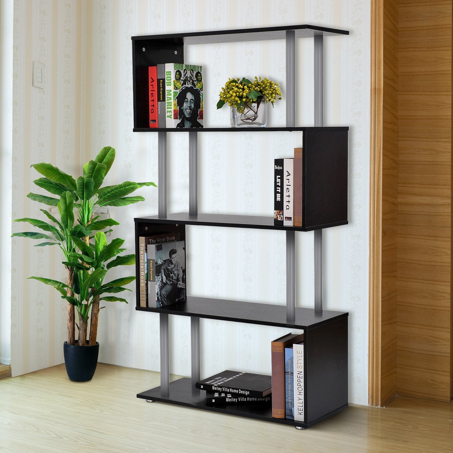 Particle Board S-Shaped Pillar Bookshelf Black