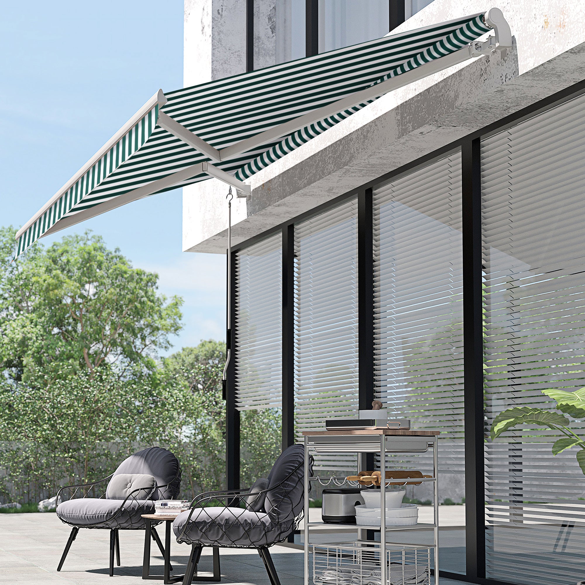Outsunny 3m x 2.5m Garden Patio Manual Awning Canopy Sun Shade Shelter with Winding Handle Retractable - Green/White - Inspirely