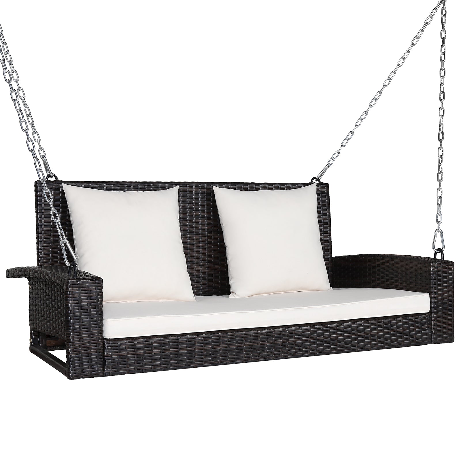2-Seat Patio Rattan Porch Swing with Two Solid Steel Chains-White