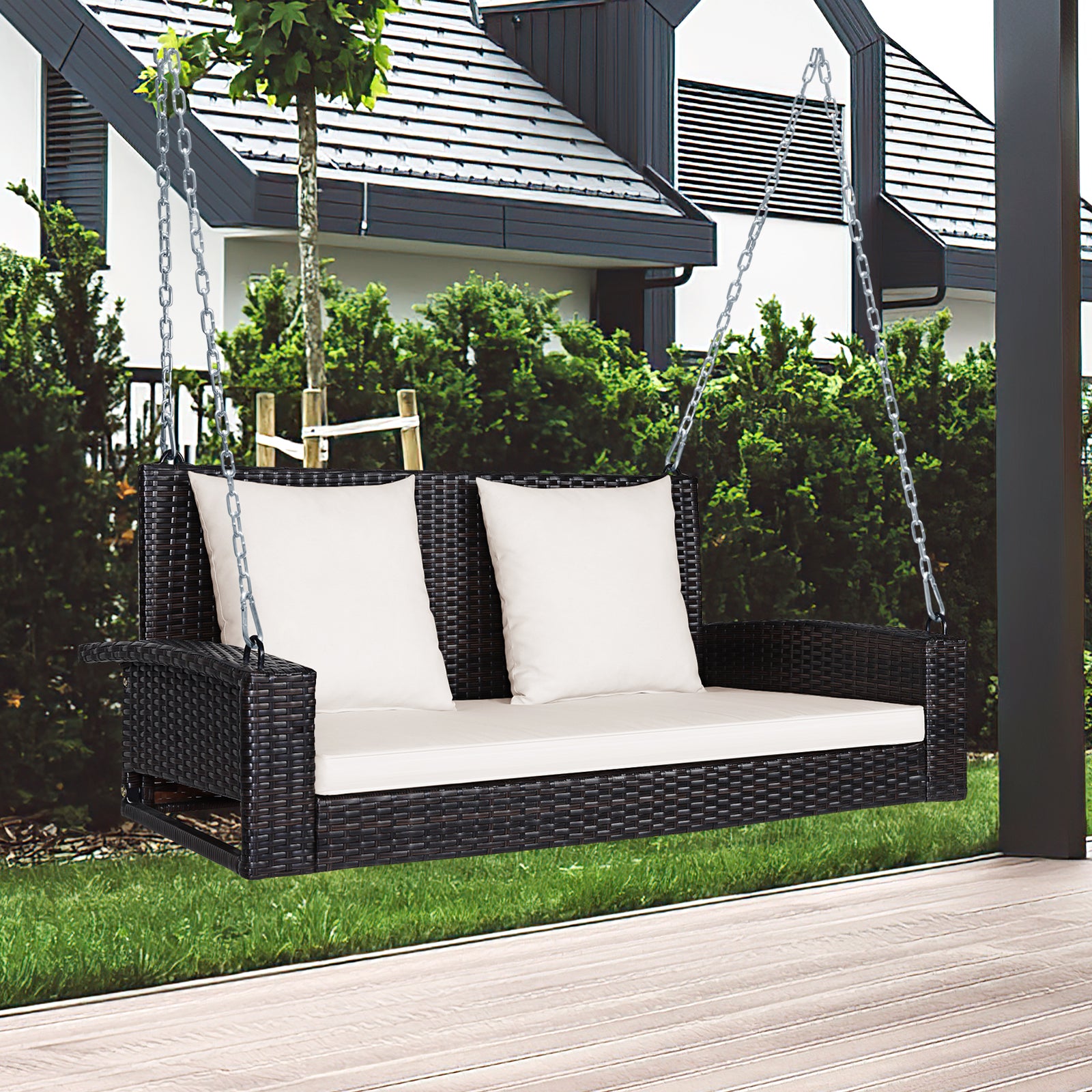 2-Seat Patio Rattan Porch Swing with Two Solid Steel Chains-White
