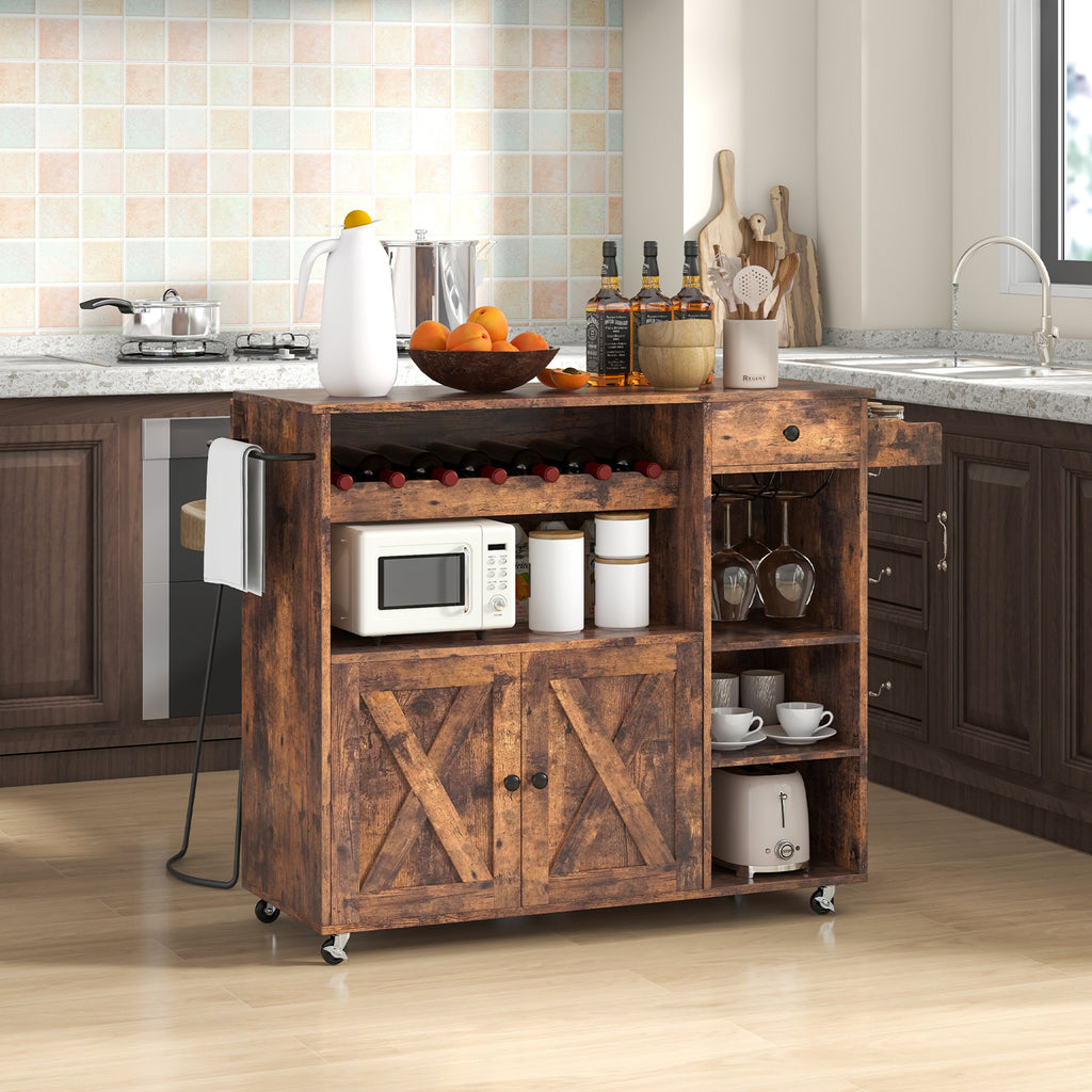 Rolling Kitchen Island Buffet Serving Cart with Drop Leaf-Rustic Brown