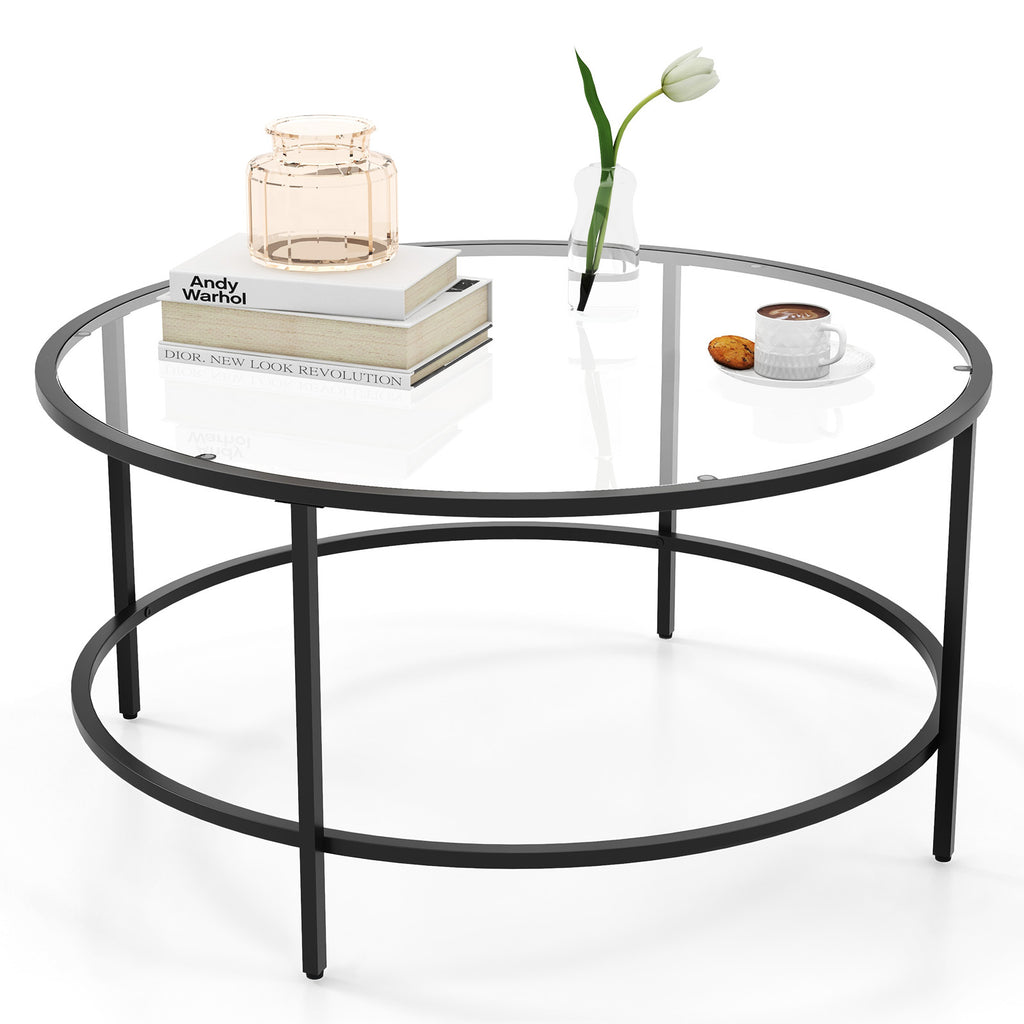 Accent Round Coffee Table with Tempered Glass Tabletop-Black