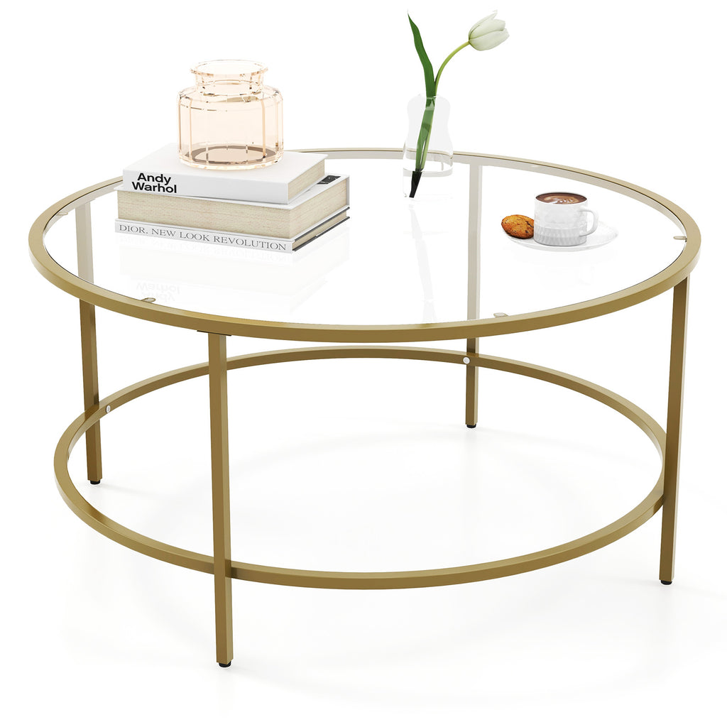 Accent Round Coffee Table with Tempered Glass Tabletop-Golden