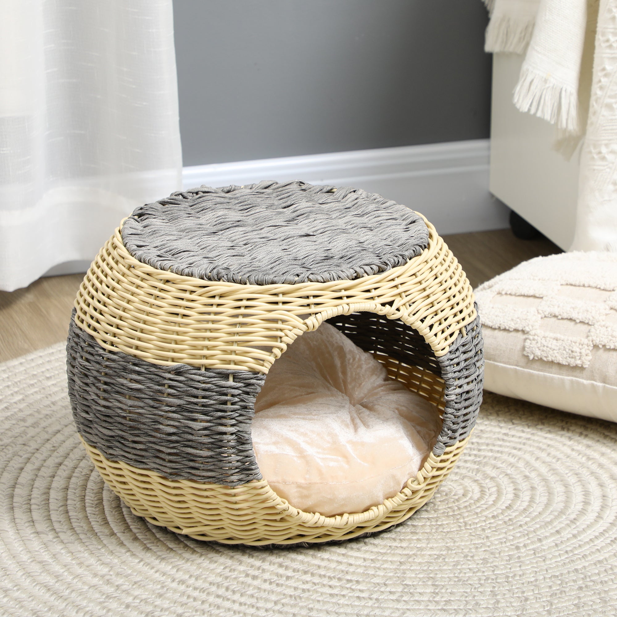 PawHut Wicker Cat House, Rattan Raised Cat Bed, Cosy Kitten Cave with Soft Washable Cushion, Φ40 x 30cm