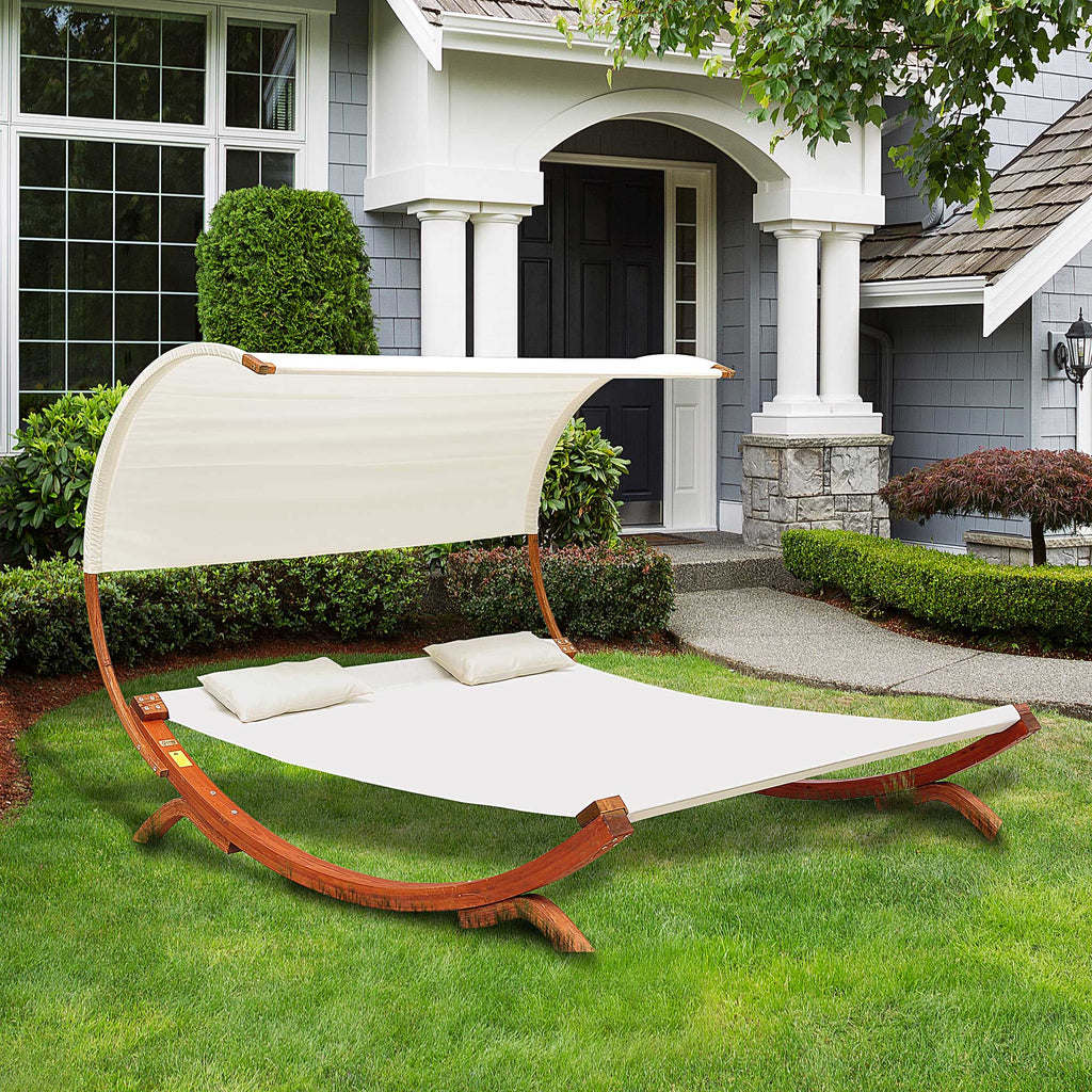 Outsunny Hammock Chaise Day Bed with Canopy Wooden Double Sun Lounger - Cream - Inspirely